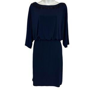 Tiana B Women's Navy Blue Jersey Knit Blouson Beaded Neckline Cocktail Dress 8